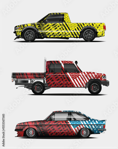 Three Custom Cars with Unique Wraps Yellow American Flag and Red Blue Designs