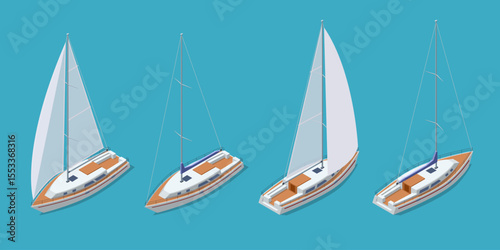 Isometric sailing yacht moving on blue water. Sailboat has a large white sail, a wooden deck, and is leaving a wake behind as it sails. Concept of travel, luxury, marine transport, or summer vacation.