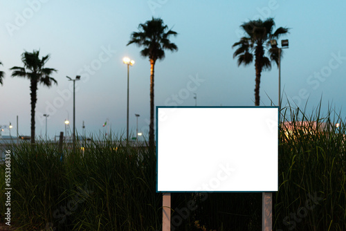 Night resort beach with silhouette palm white blank mockup summer night.