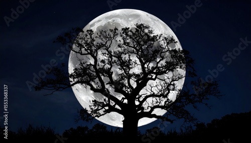 Full Moon Behind Silhouette Tree At Night