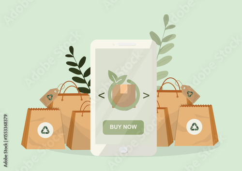 Sustainable mobile shopping app with recyclable bags and eco friendly interface. Green e-commerce concept ideal for digital retail marketing and online commerce presentations. Vector illustration