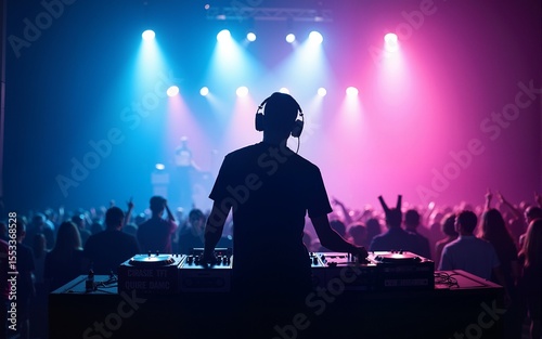 dj with dj set plays set on concert in bright stage lights. Professional disc jockey playing electronic music on festival in night club. High quality
