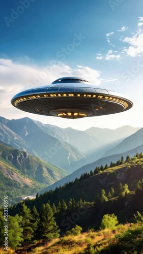 Wallpaper Mural Flying saucer hovers over mountainous valley, illuminated by sunlight casting rays over the dense green forests. Torontodigital.ca