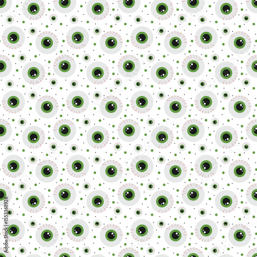Seamless round green eye pattern with bold vision and black pupils for background
