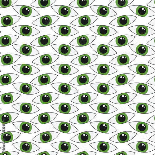 Seamless green eye pattern with bold vision and black pupils for background