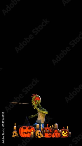 Seamless vertical video of a silly dancing zombie with a bat, candles and Jack O´lantern pumpkins isolated with copyspace. Funny halloween background for events and parties.
