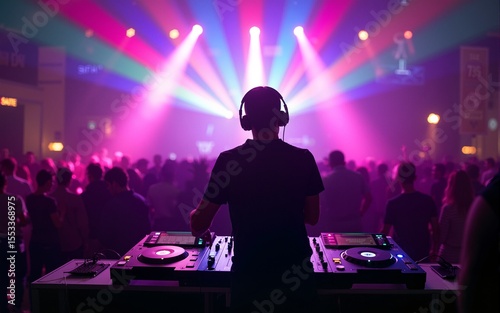 DJ mixing tracks on a booth in a nightclub with colorful lasers show. An amazing club atmosphere with a lof of people dancing to electronic music. High quality