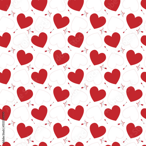 Seamless red heart pattern with romantic love arrows. Cupid bow and arrow for Valentine's Day