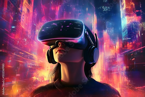 Futuristic Virtual Reality Experience with Neon Cityscape and Headset AI Generated