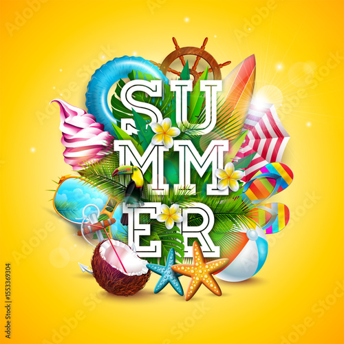 Hello Summer Holiday Banner Design with Flower, 3d Text Label and Colorful Beach Elements on Sun Yellow Background. Vector Tropical Typography Lettering Illustration with Beach Ball, Sunglasses and