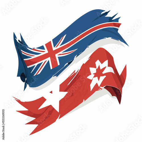  a flat vector showing two national flags torn apart diagonally