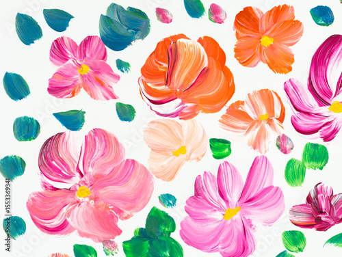 Abstract decorative flowers, original hand drawn, impressionism style, color texture, brush strokes of paint, art background.