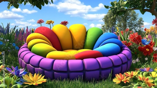Colorful flower-shaped chair in a garden setting