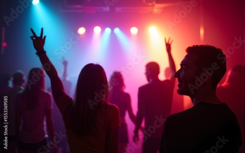 Blurred background revelry shindig. Night party with people are having fun in the rainbow spotlight at a nightclub. High quality