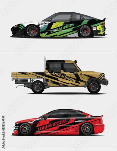 Three Cars with Custom Graphics and Body Kits on a White Background