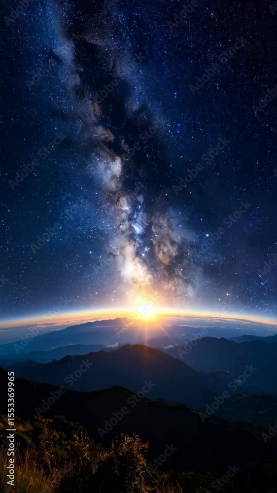 Stunning view of the Milky Way galaxy rising above silhouetted mountain range at sunrise, creating a breathtaking celestial landscape. Stunning view of the Milky Way galaxy rising above silhouetted mountain range at sunrise, creating a breathtaking celestial landscape.