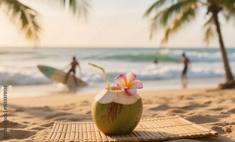 Coconut water served in natural shell with straw and frangipani under palm shade by ocean Coconut water served in natural shell with straw and frangipani under palm shade by ocean