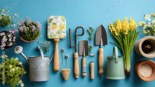 Spring gardening tools and plants