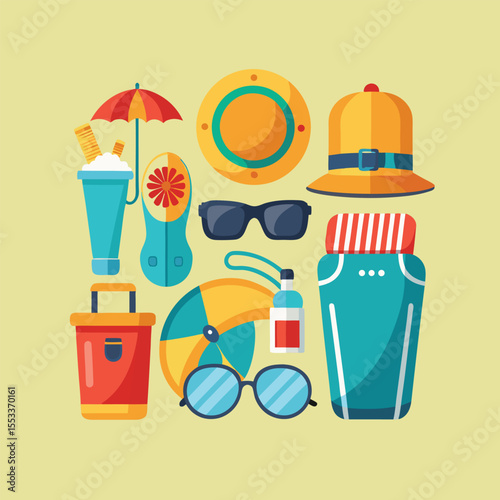 Cartoon Style Beach Gear – Sunglasses, Sandals, Hat, Sunscreen

