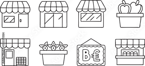 Local Store and Marketplace Icons Set in Editable Black Outline for Small Business UI