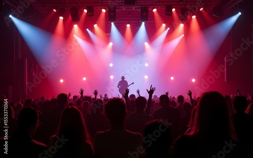 A crowded concert hall with scene stage lights, rock show performance, with people silhouettes during live music show performance with crowd of audience. High quality