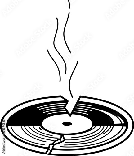 Broken vinyl record with rising smoke cracked disc symbolizes damaged music, retro nostalgia, loss, destruction, or audio malfunction