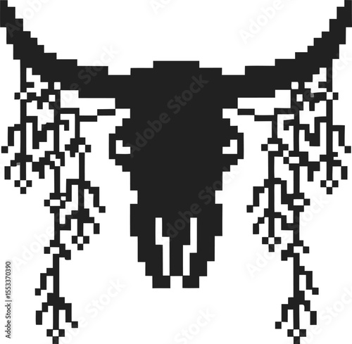 Pixelated bull skull with antlers decorated by hanging floral branches, black and white digital graphic illustration