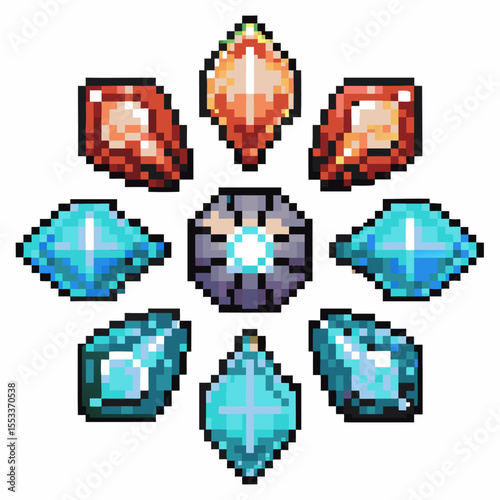 Pixel art gemstones in symmetrical arrangement, colorful fantasy crystals with blue, red, and central glowing diamond
