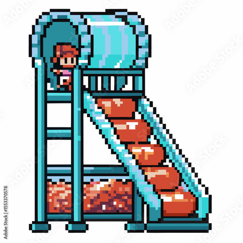 Retro pixel art kid playing on blue playground tube slide with ball pit childhood fun, outdoor activity, gaming nostalgia
