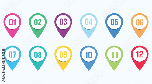 Set of number bullet point markers 1 to 12 with shadow