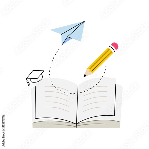 Education and learning concept with open book pencil and flying paper plane vector illustration