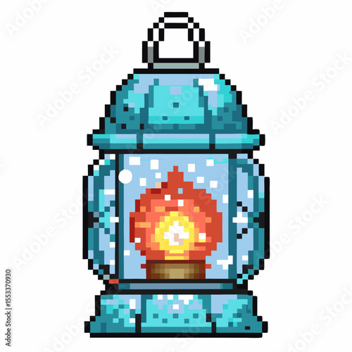 Pixel art lantern with burning flame, vintage blue light in retro game glowing lamp, pixelated illumination