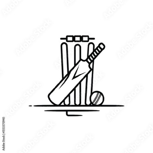 Minimal Line Art Icon of Cricket Equipment – Bat, Ball, and Stumps

