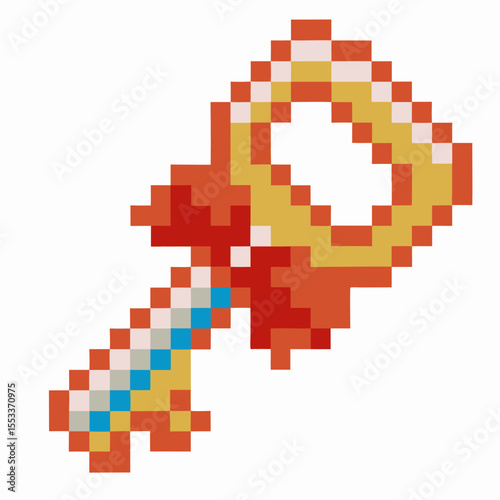Pixel art golden key with red bow retro vintage game icon, digital unlocked symbol, isolated on white background