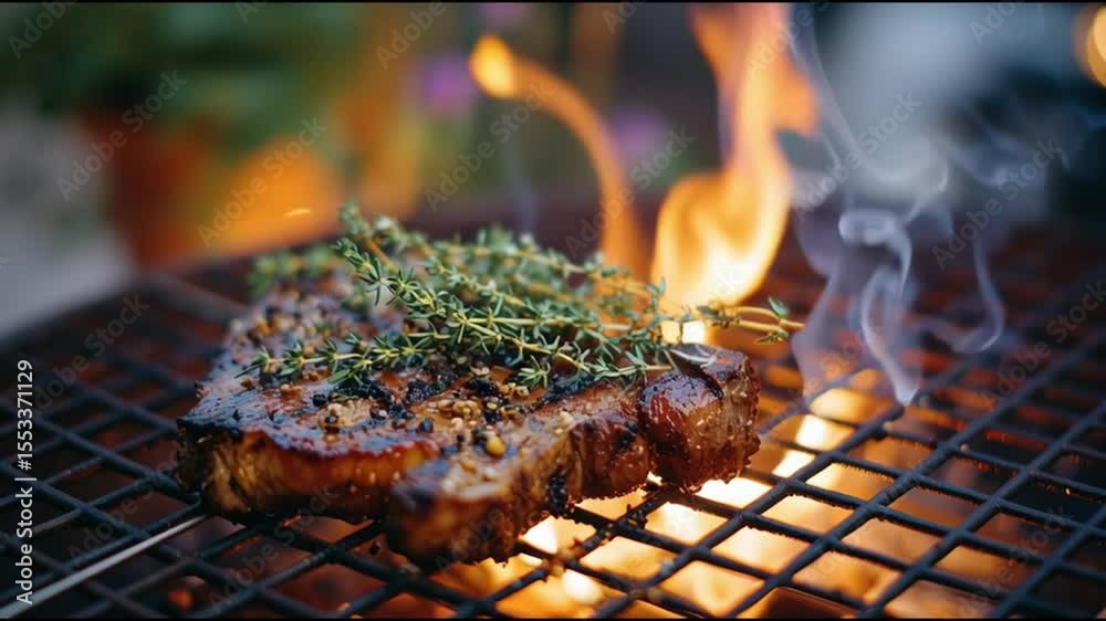 Cooking a succulent steak on an open flame grill with aromatic herbs in a backyard setting
