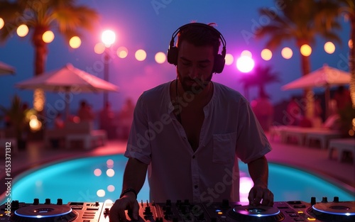 DJ is mixing music with deejay controller at outdoor summer pool or beach party - nightlife people lifestyle concept. High quality