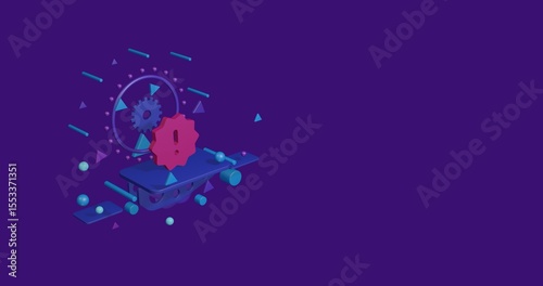 Pink warning symbol on a pedestal of abstract geometric shapes floating in the air. Abstract concept art with flying shapes on the left. 3d illustration on deep purple background
