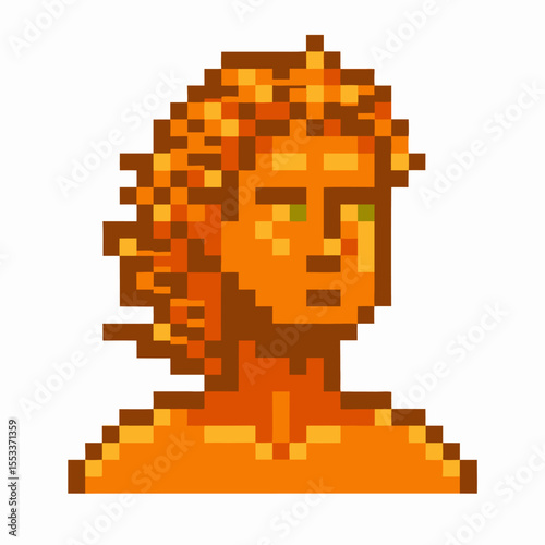 Pixel art classical sculpture head orange retro 8 bit male bust with curly hair, minimalist ancient statue design