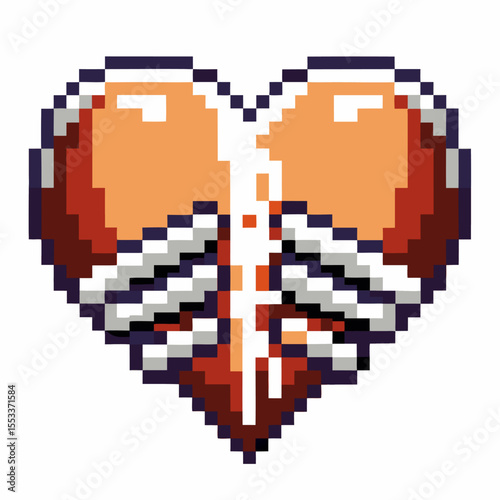 Pixel art anatomical heart with exposed ribs, retro 8 bit symbolizing vulnerability, love, and emotion
