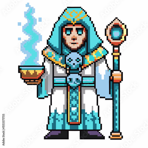 Pixel mage character holding magical staff and glowing bowl fantasy wizard in blue and white robe, 8 bit pixel art