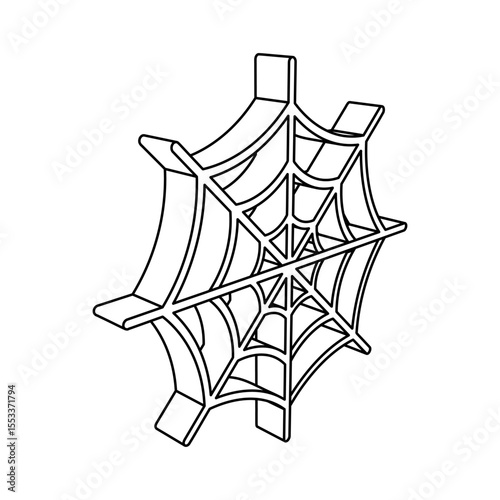 The outline of a large spider web symbol is made with black lines. 3D view of the object in perspective. Vector illustration on white background