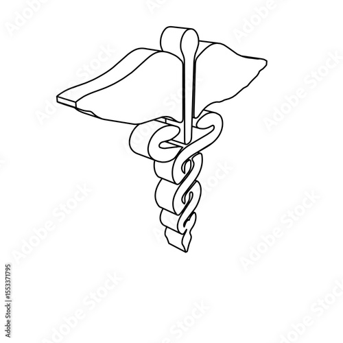 The outline of a large caduceus symbol is made with black lines. 3D view of the object in perspective. Vector illustration on white background