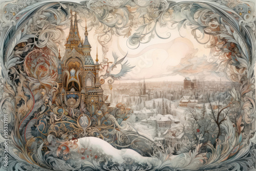 A fairytale watercolor illustration with elements of Russian architecture and decorative ornament 