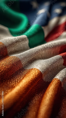 Waving flags of the United States and Ireland intertwined in vibrant colors during a celebration event