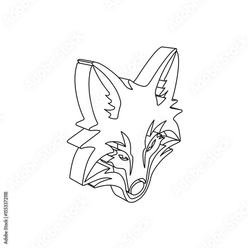 The outline of a large fox's head symbol is made with black lines. 3D view of the object in perspective. Vector illustration on white background