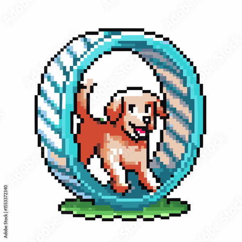 Pixel art dog running in blue exercise wheel, retro playful pet animation, energetic canine activity on green base