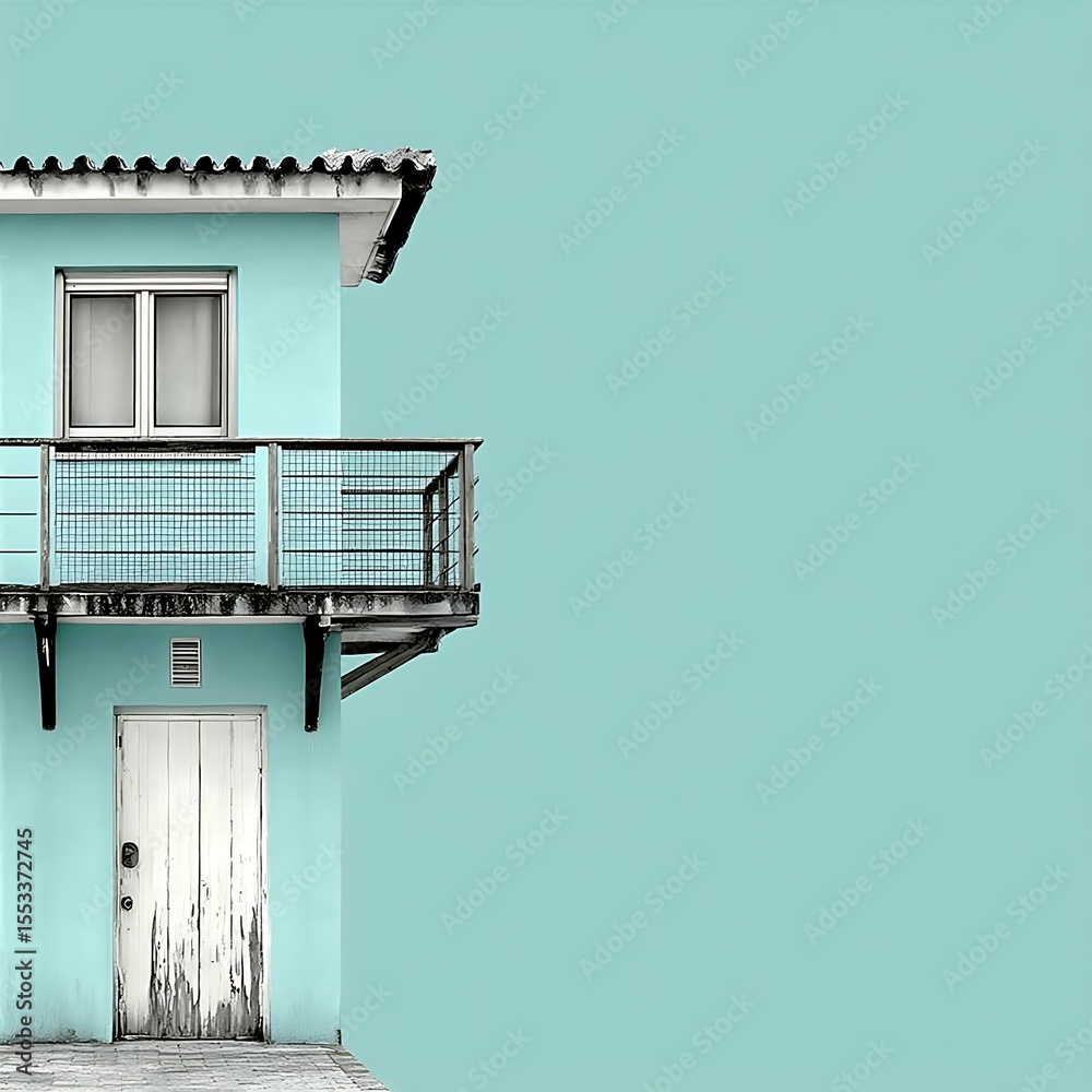 Minimalist coastal dwelling with a weathered door and simple balcony against a serene aqua background Minimalist coastal dwelling with a weathered door and simple balcony against a serene aqua background