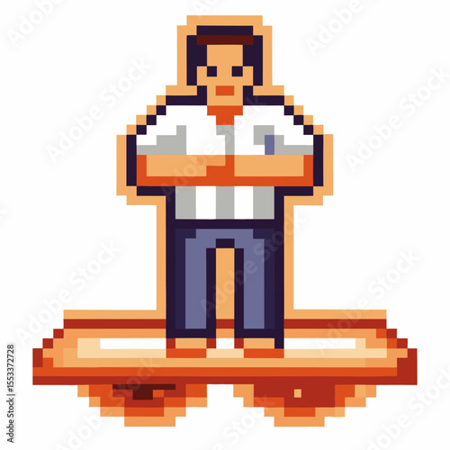 Pixel art confident man with crossed arms standing on hoverboard retro digital character, futuristic technology concept