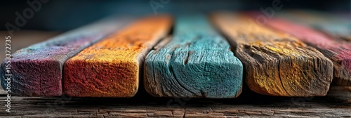 Colorful wooden planks arranged in a horizontal line showcase vibrant hues in natural light