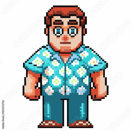 Pixel art man in blue floral shirt and pants, character, retro game style, isolated on white background